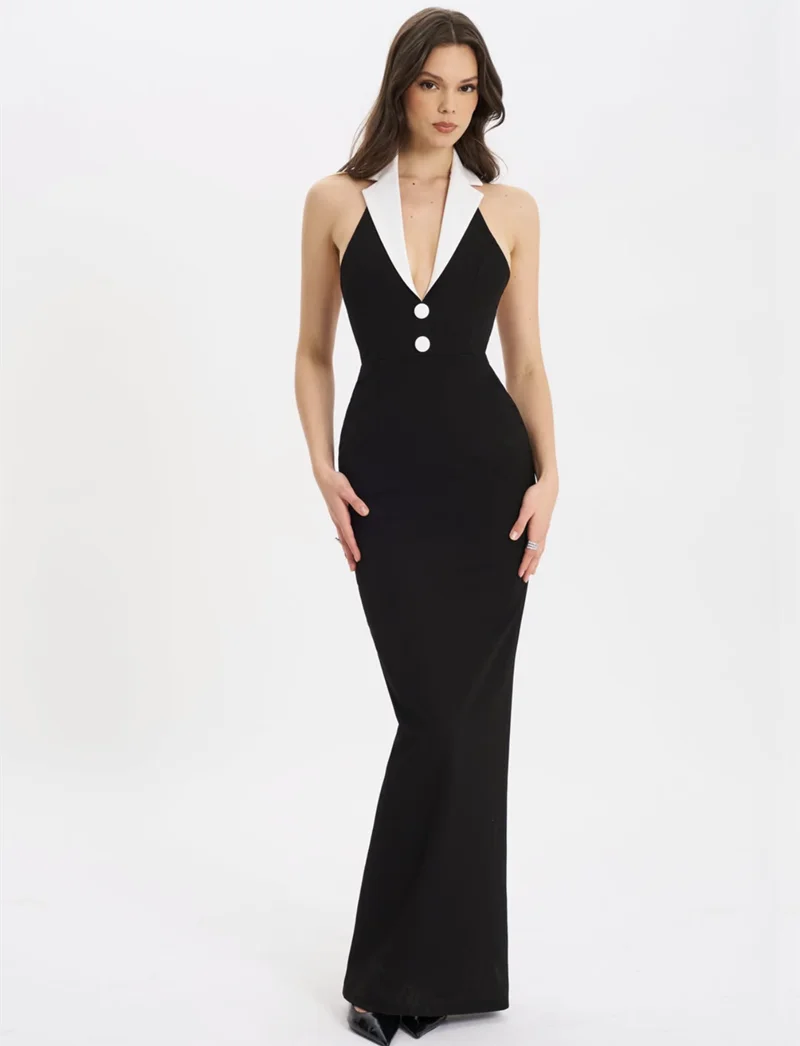 New Arrival Black Color Women Sexy Halter Backless V-Neck Bodycon Long Bandage Maxi Dress High Street Elegant Evening Party Wear