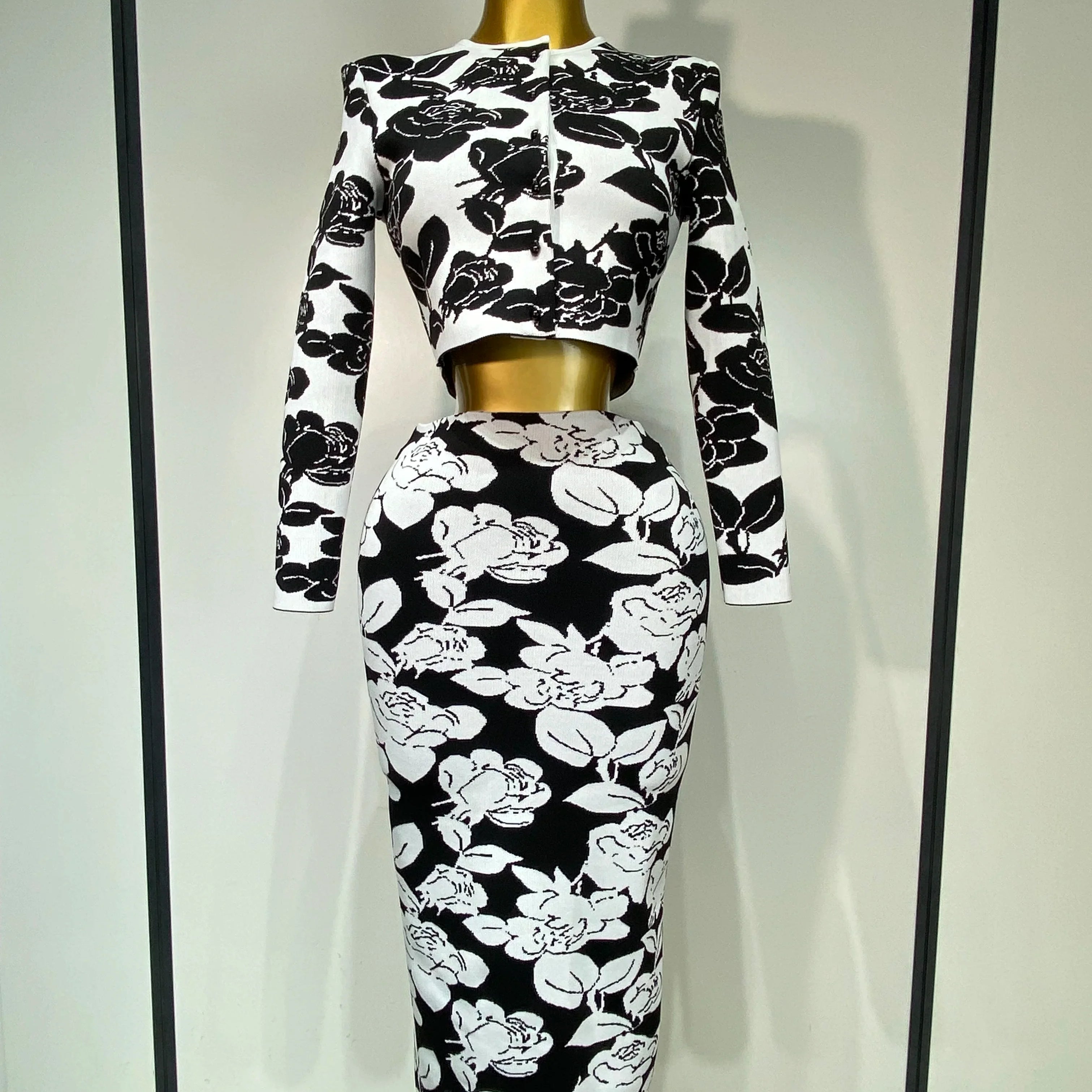 Arrival Women Long Sleeve Jacquard Weave Two Pieces Set Celebrity Red Carpet Dress Birthday Bodycon Bandage Women's Set