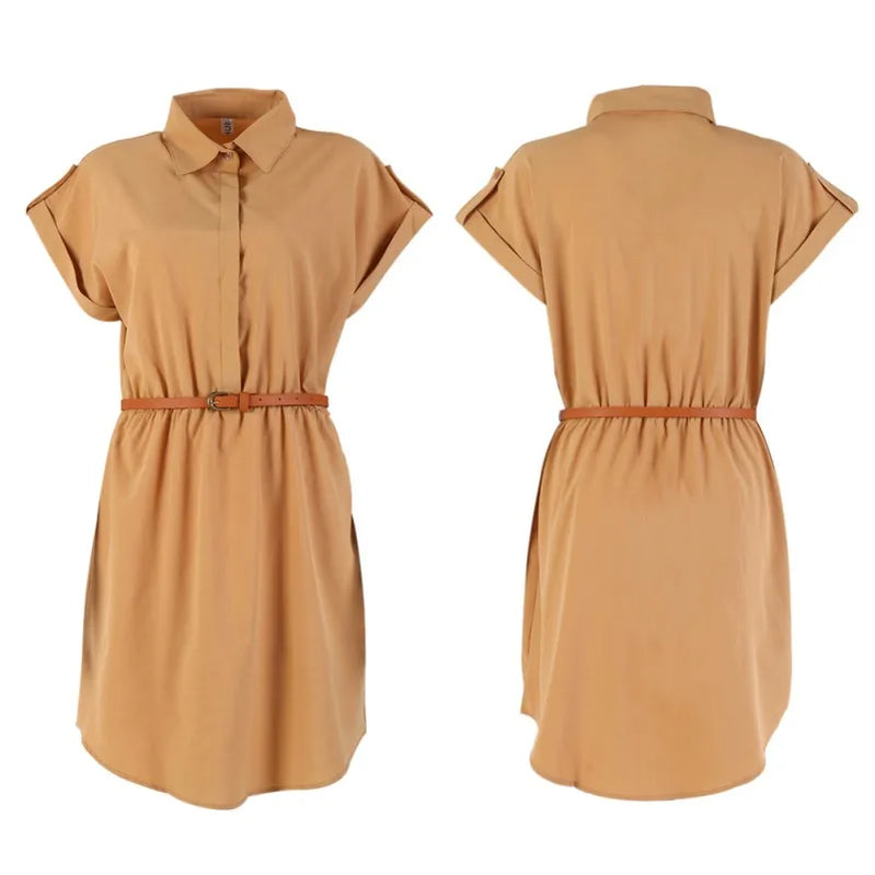 Women Dress A-Line Chiffon Casual Fashion Short Sleeve OL Dress With Belt Dresses