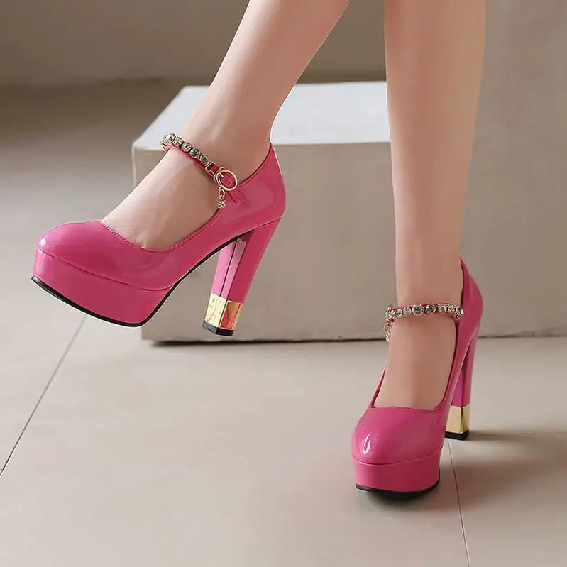 SIMLOVEYO Patent Leather Women Pumps Round Toe High Heels 11.5cm Platform Buckle Strap Size 49 50 Sexy Party Shoes