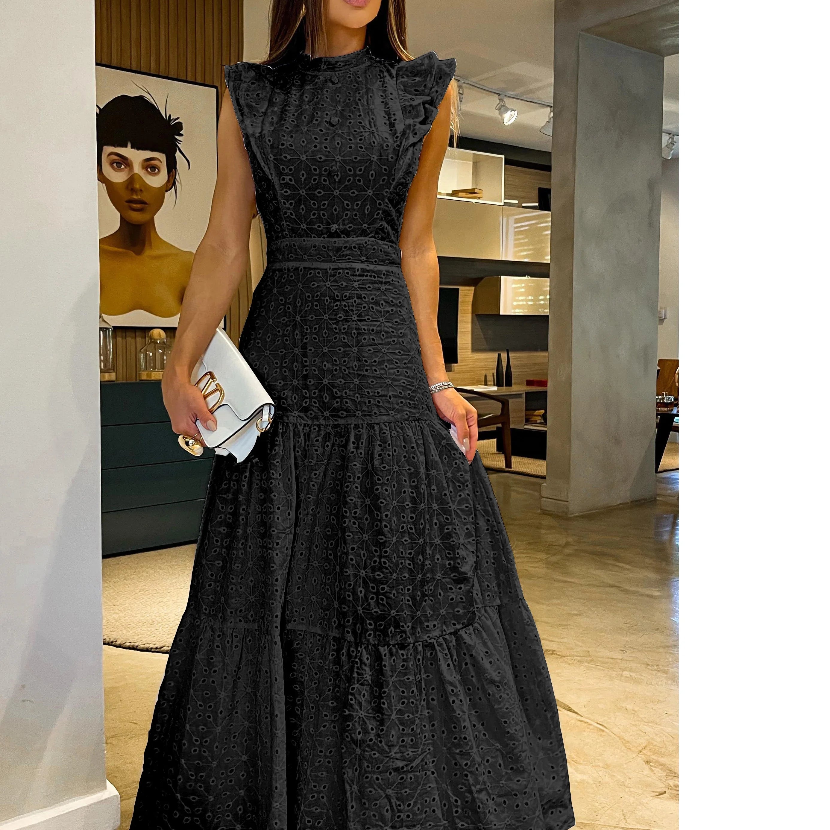 Bohemian Solid Hollow Out Elegant Women Dress O Neck Flying Sleeve Button Long Dress Summer Chic Casual Beach Women Clothing Blue