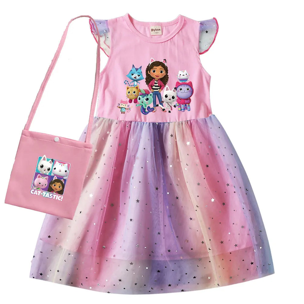 Adorable Cartoon Gabby Cats Fly Sleeve Baby Girl Dress with Bag and Headband Kids Gabby's Dollhouse Cosplay Costume K2pcs