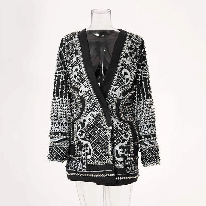 Stylish Designer Jacket Women's V-neck Long Sleeve Luxurious Metallic Beaded Long Blazer Silver