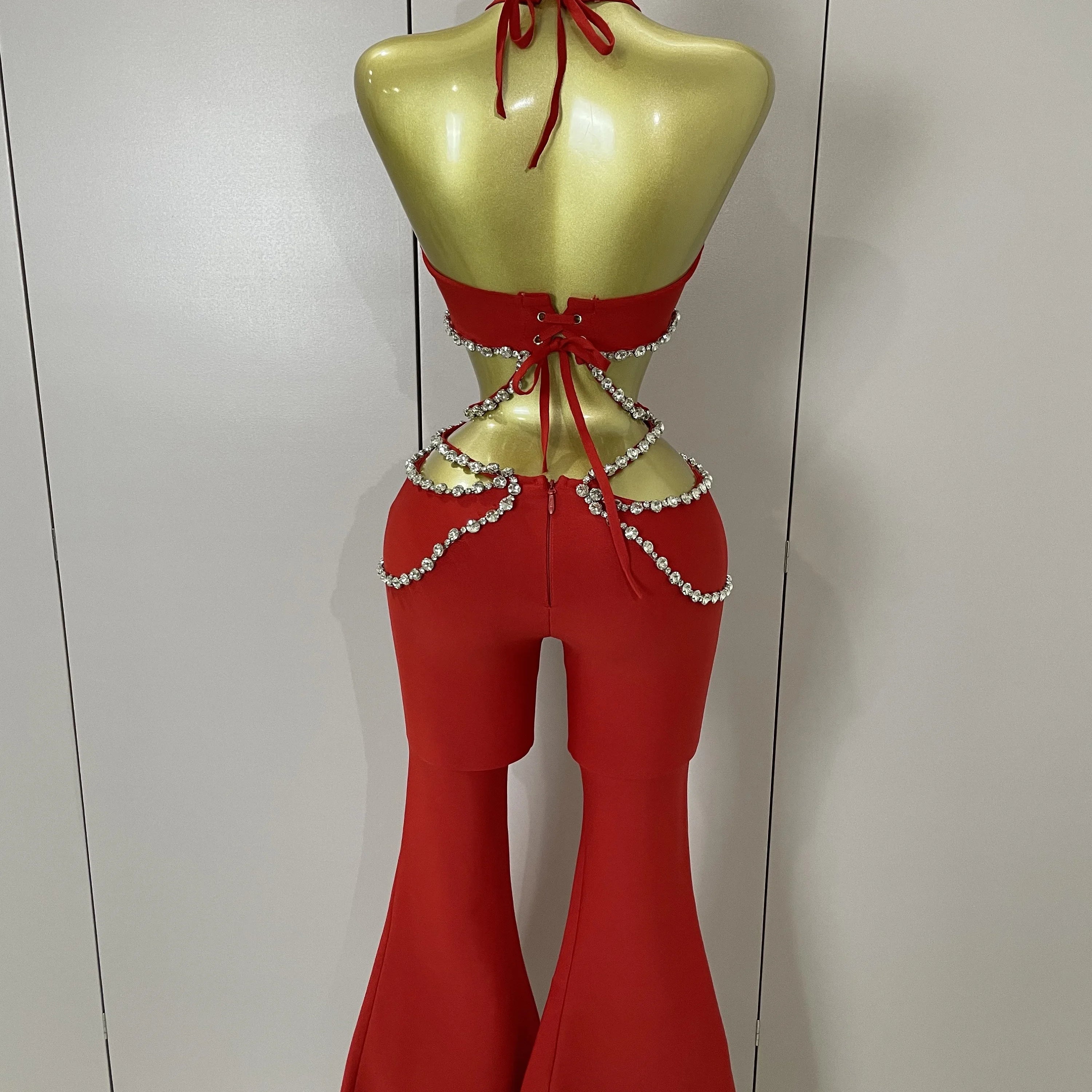 Luxury Rhinestone Red Sexy Cut Out Two Piece Pants Bandage Set 2025 Women Celebrity Designer Fashion Women's Set Stage Outfit