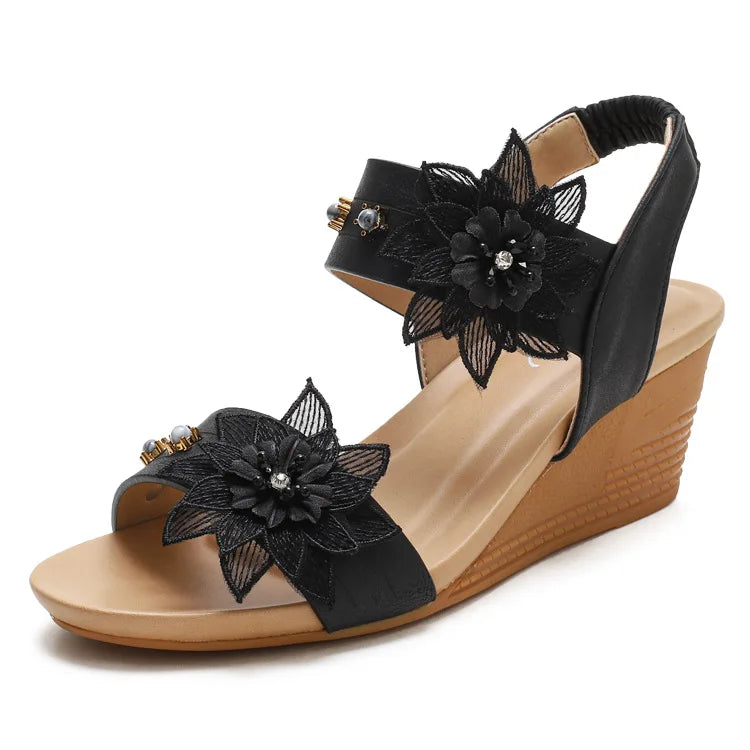Wedges Gladiator Floral Sandals For Women Heeled Embroidery Vintage Casual Beach Shoes Summer Comfy Open Toe Rome Style Size 42 Black