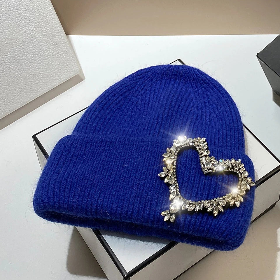 Luxury Heart Rhinestone Winter Beanies Women Solid Color Real Rabbit Fur Knitted Hat Lady Fashion Warm Pullover Caps Gifts blue Adult