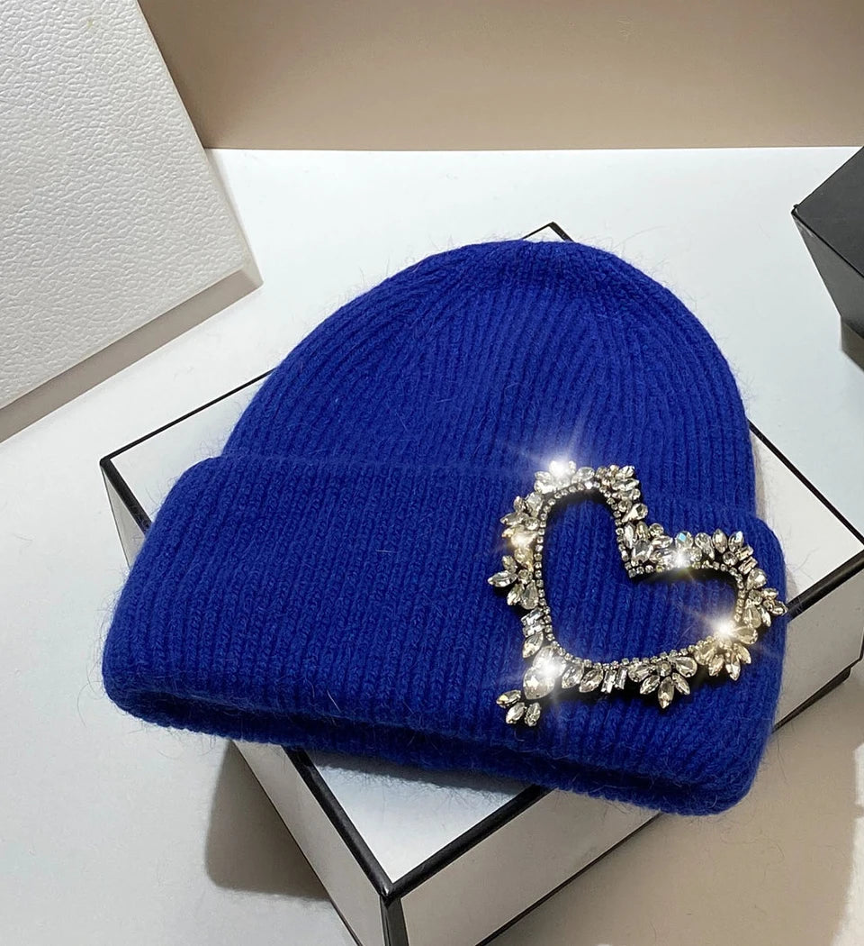 Luxury Heart Rhinestone Winter Beanies Women Solid Color Real Rabbit Fur Knitted Hat Lady Fashion Warm Pullover Caps Gifts blue Adult