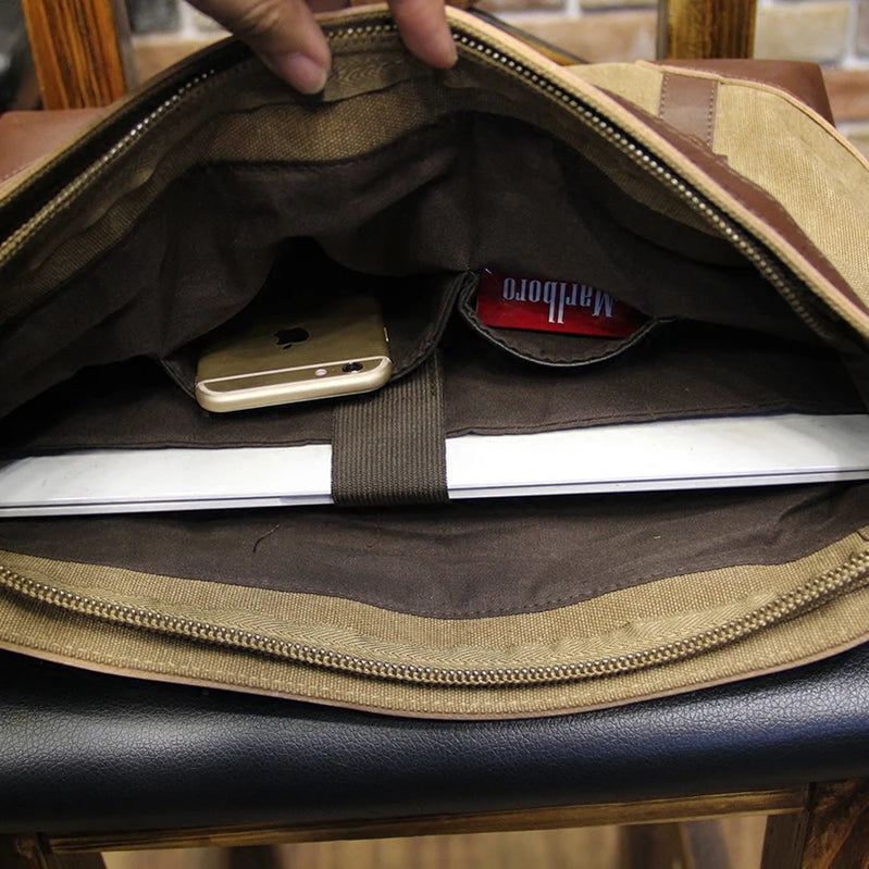 Khaki Casual Vintage Multifunction Soft Men's Canvas Travel Handbag Crossbody Shoulder Messenger Bag For Men