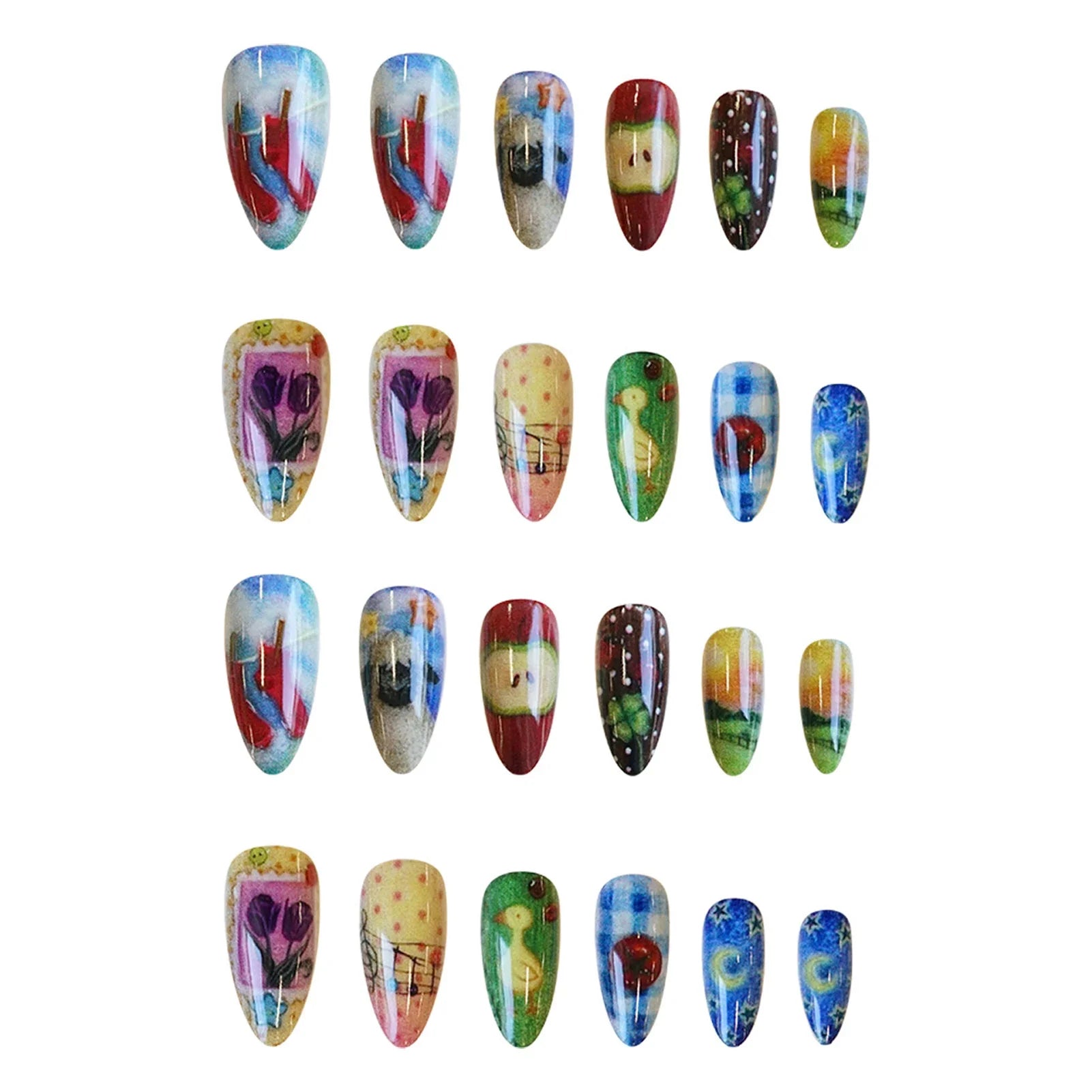 Cute Cartoon Fake Nails 24Pcs Almond Press On Nails Star/Moon/Duck/Sheep/Flower Printed Wearable Nails Art Decoration for Women
