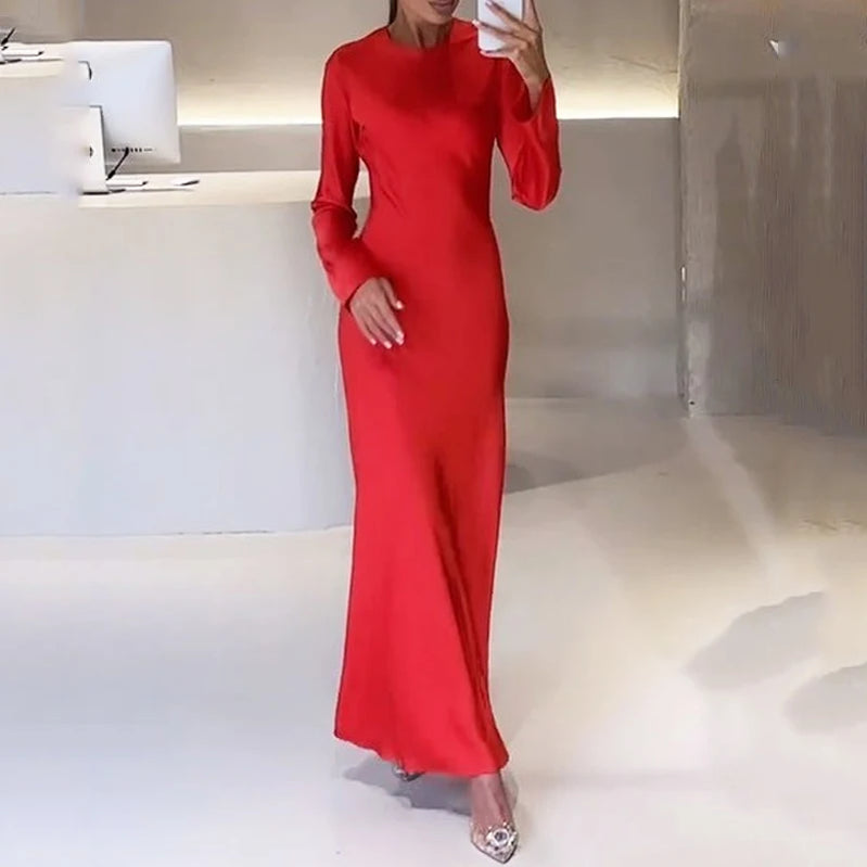Women Maxi Dress Autumn Elegant Solid Round Neck Loose Satin White Party Long Dresses High Streetwear For Female Red