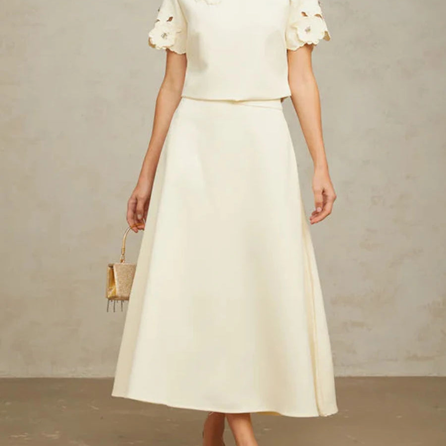 TWOTWINSTYLE Solid Fashion Two Piece Sets for Women Round Neck Short Sleeves Patcwork Applique Top High Waist Skirt Set Female