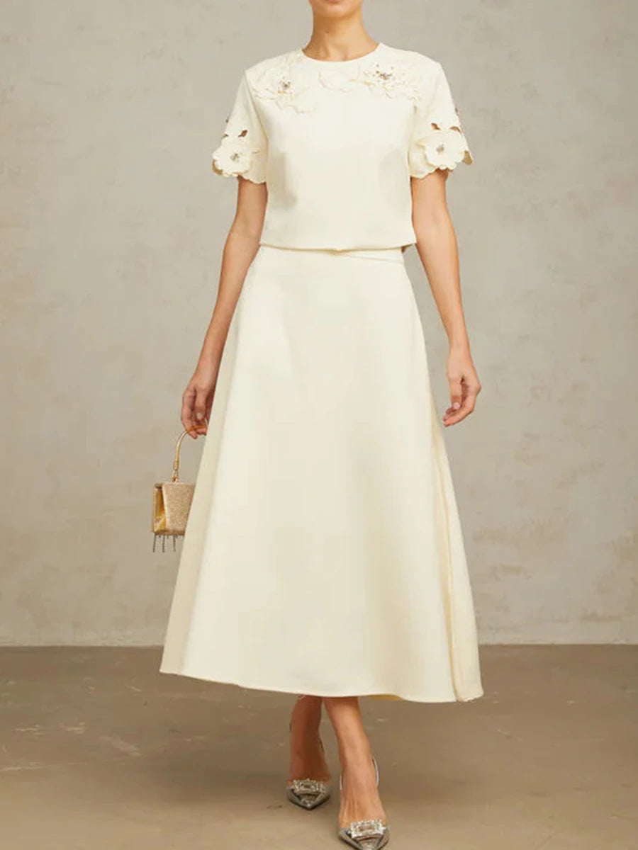 TWOTWINSTYLE Solid Fashion Two Piece Sets for Women Round Neck Short Sleeves Patcwork Applique Top High Waist Skirt Set Female