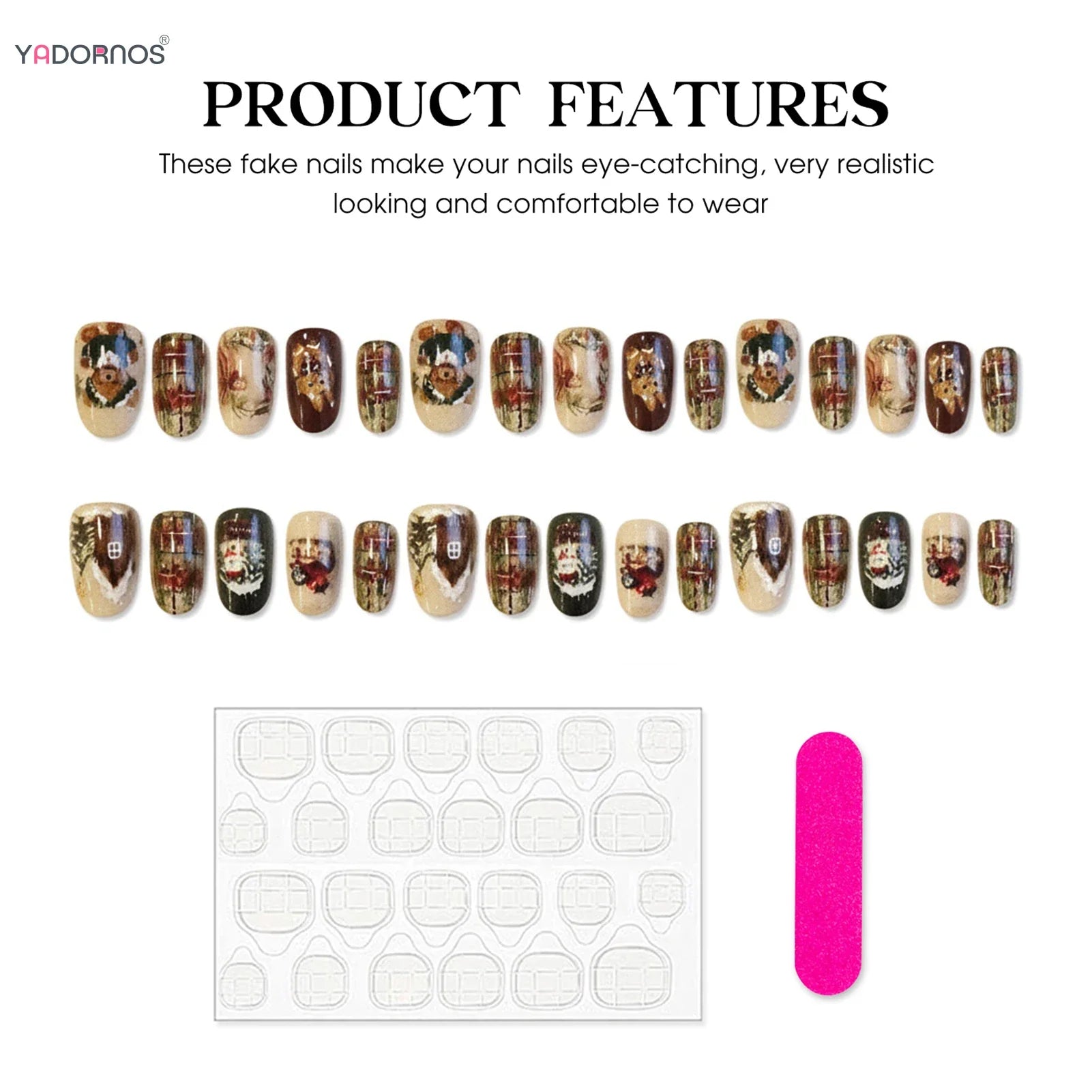 Short Oval Shaped Fake Nails Cartoon Bear/Snowman/Xmas Tree Printed Autumn Press On Nails Christmas Party False Nails 24Pcs