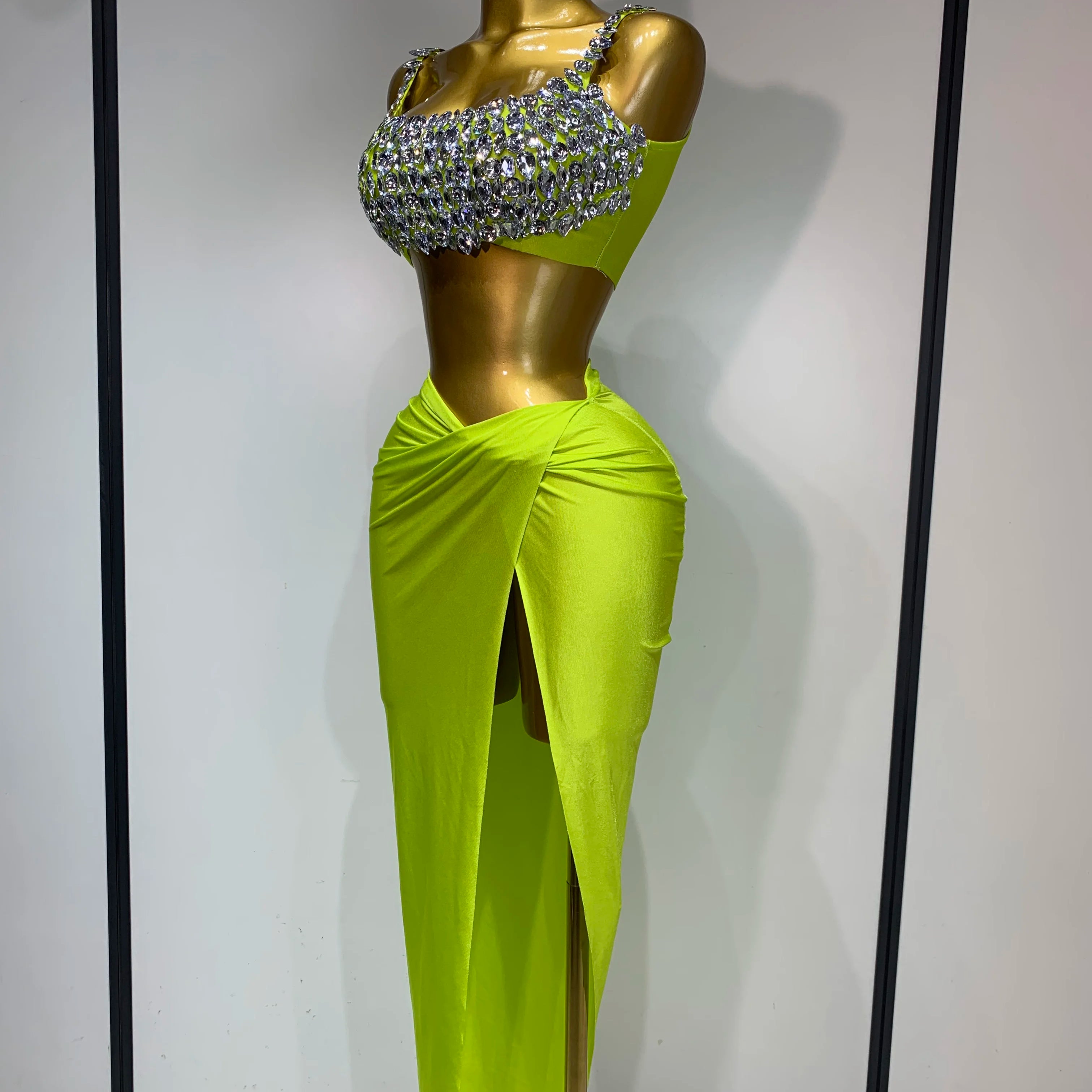 Women Sexy Sparkly Rhinestone Two Pieces Set Stretched Nightclub Skirt Suits Birthday Singer Dancer Stage Performance Costume