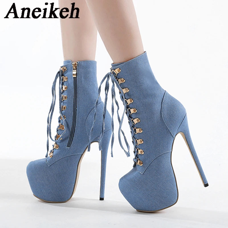 Fashion Blue Denim Classic Lace Up Platform Ankle Boots Platform Heels 16cm Super High Modern Boots Party shoes