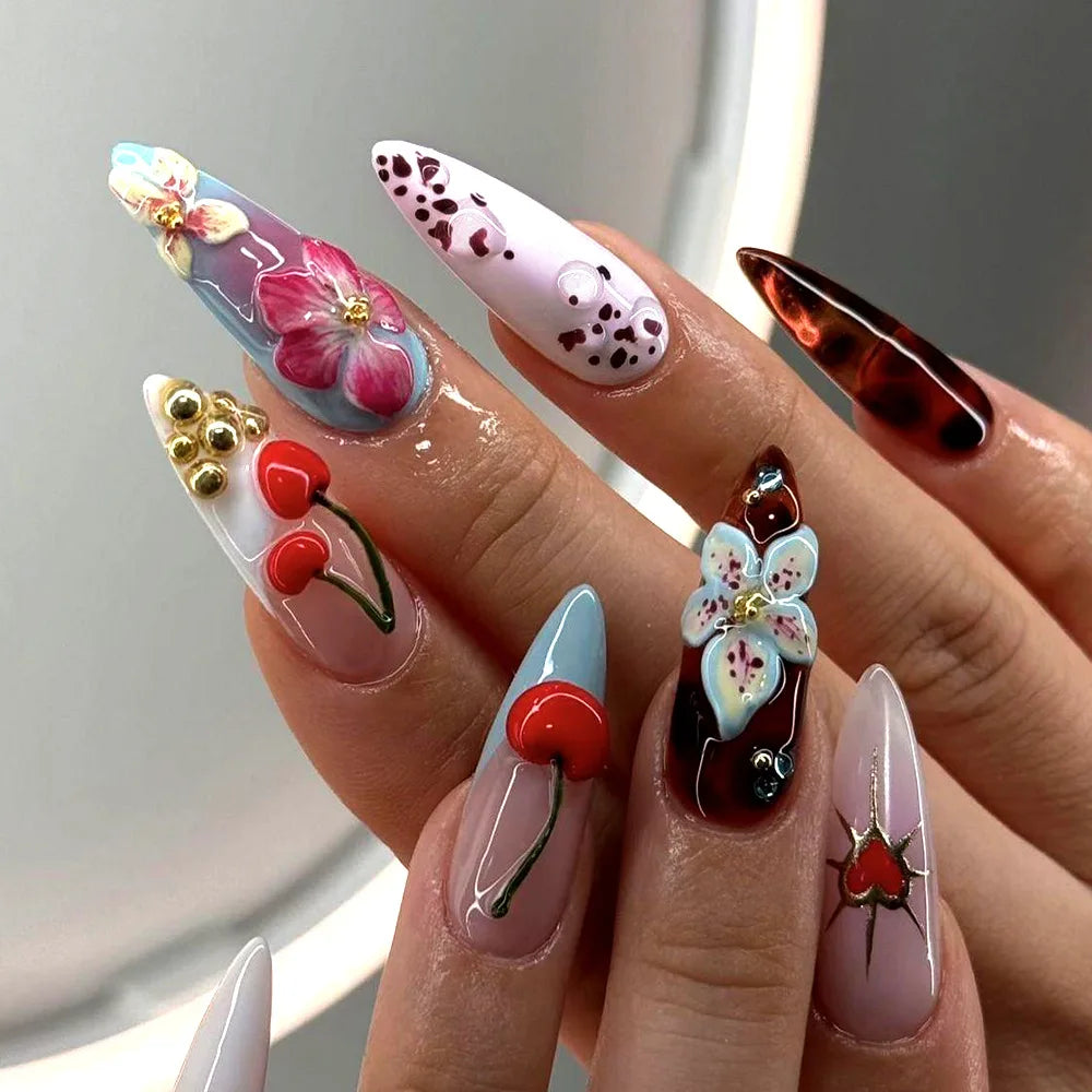 24Pcs Pink Gradient False Nail 3D Flower Rhinestone Design Press on Fake Nails Long French Almond Wearable Full Cover Nails Tips