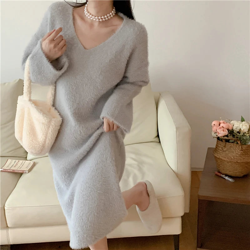 Chic Korean Fashion Knitting Fake Mink Cashmere Elegant Women's Autumn Winter Vintage Long Dresses GRAY One Size