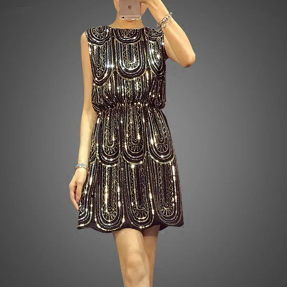 Sequins Mini Dress For Women Casual Style Tank O-Neck Women Dresses Sleeveless Party Dress