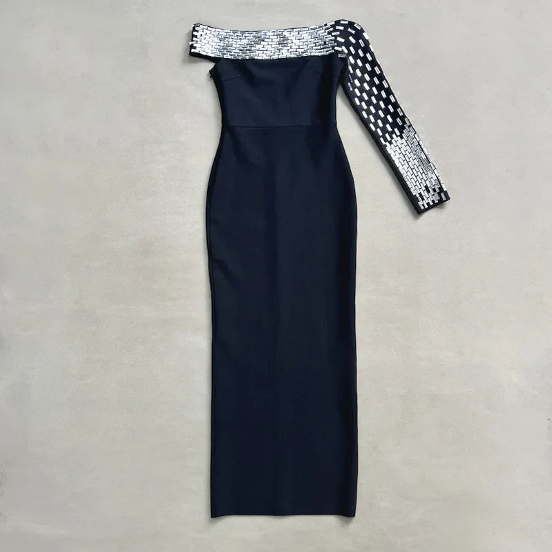 Women Sexy One Shoulder Shinning Crystal Bodycon Long Bandage Dress Elegant Evening Party Celebrity Red Carpet Wear