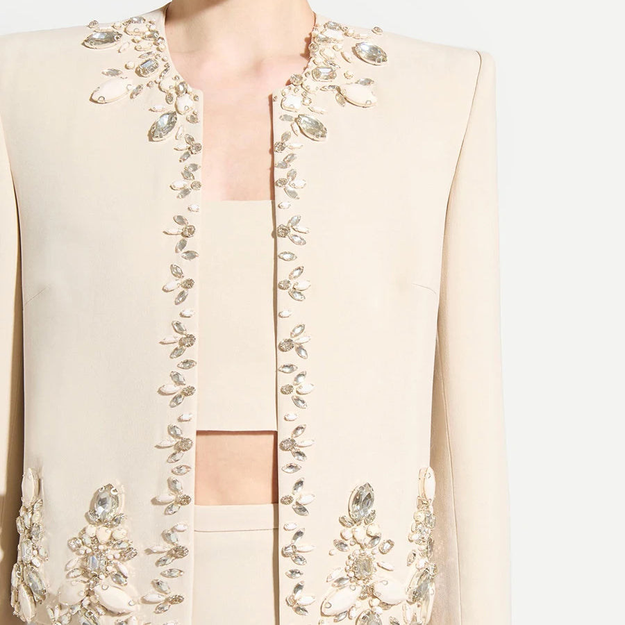 TWOTWINSTYLE Solid Slimming Two Piece Sets for Women Round Neck Long Sleeves Patchwork Bead Top High Waist Split Skirt Female