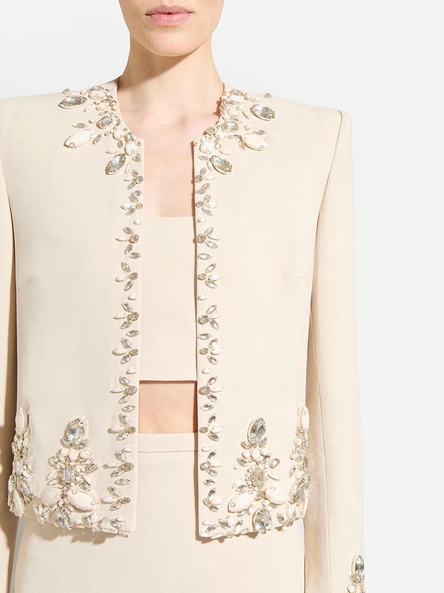 TWOTWINSTYLE Solid Slimming Two Piece Sets for Women Round Neck Long Sleeves Patchwork Bead Top High Waist Split Skirt Female