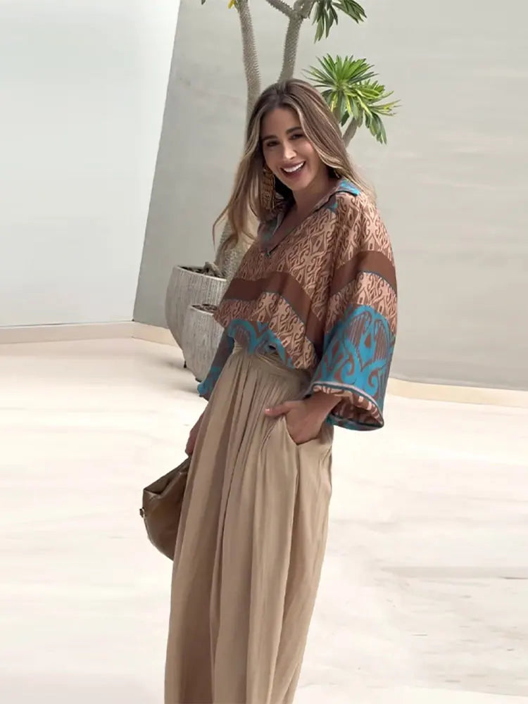 Women Loose High Waist Pant Print V Neck Long Sleeves Top 2 Pieces Sets Spring Summer Casual Street Female Outfits NEW