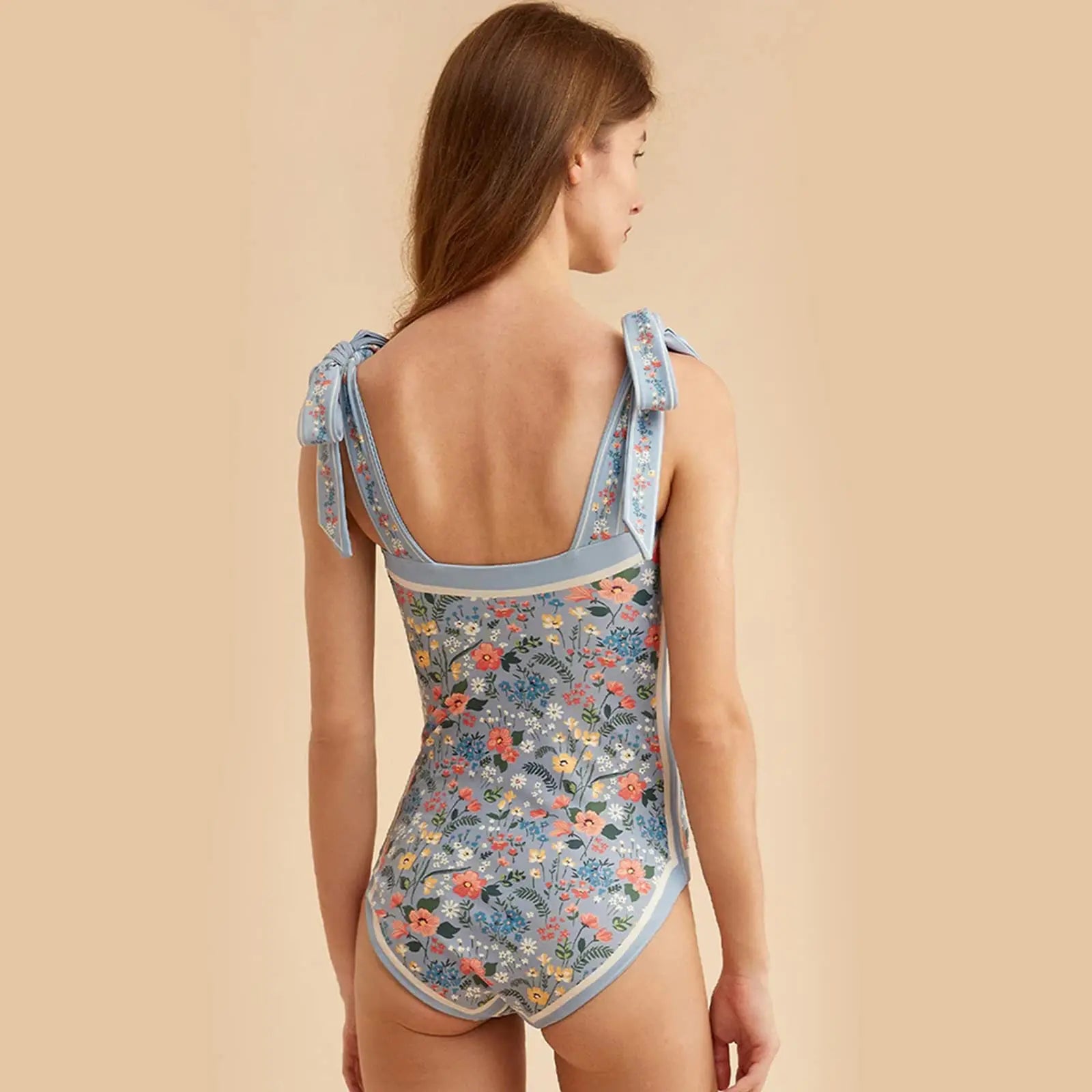 Y2K Fashion Women Floral One Piece Swimsuits Reversible Tie Shoulder Monokini Tummy Control Bathing Suits Square Neck Swimwear