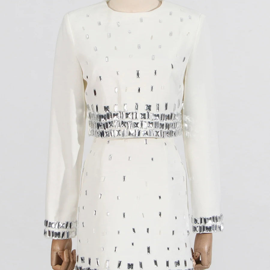 TWOTWINSTYLE Solid Slimming Spliced Bead Two Piece Sets for Women Round Neck Long Sleeves Short Top High Wasit Skirt Set Female