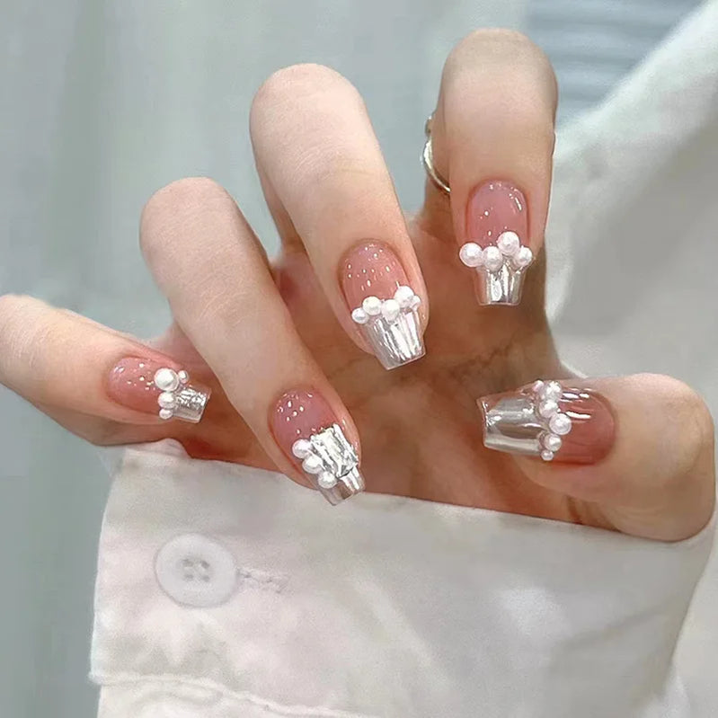 24Pcs Pink False Nails with Glue Ballerina Full Cover Nail Tips Simple Fake Nail with Star Rabbit Design Wearable Press on Nails