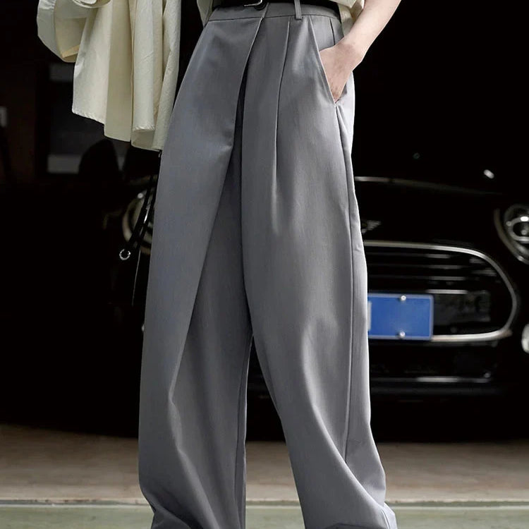 [LANMREM] Minimalism Irregular Pleated Pants Women Solid Straight Wide Leg Pants Korean Style Clothing Spring New 26D2368 Gray