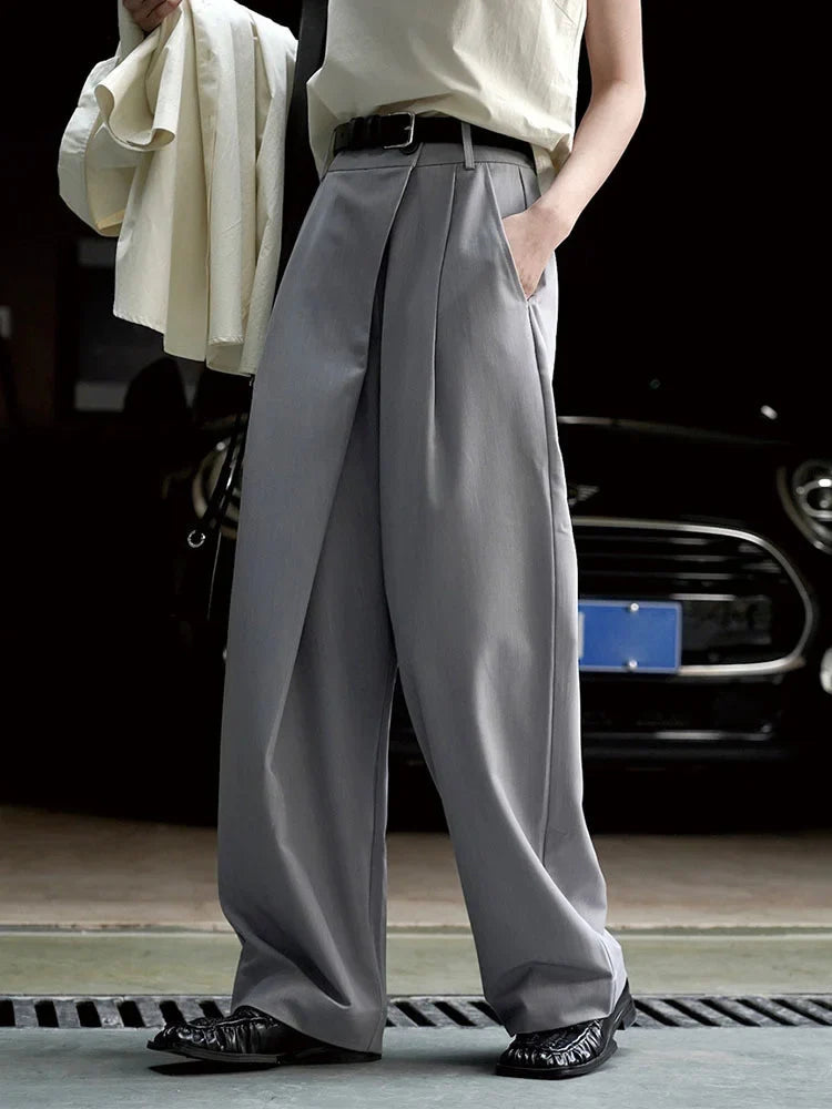 [LANMREM] Minimalism Irregular Pleated Pants Women Solid Straight Wide Leg Pants Korean Style Clothing Spring New 26D2368 Gray