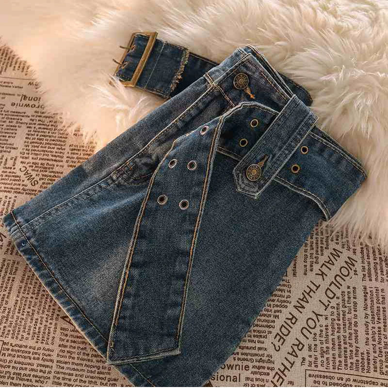 Gidyq Vintage Denim Mini Skirts Women Summer Sexy Solid Belt Jeans Skirts Female Casual Ball Gown Korean Slim A Line Skirts
