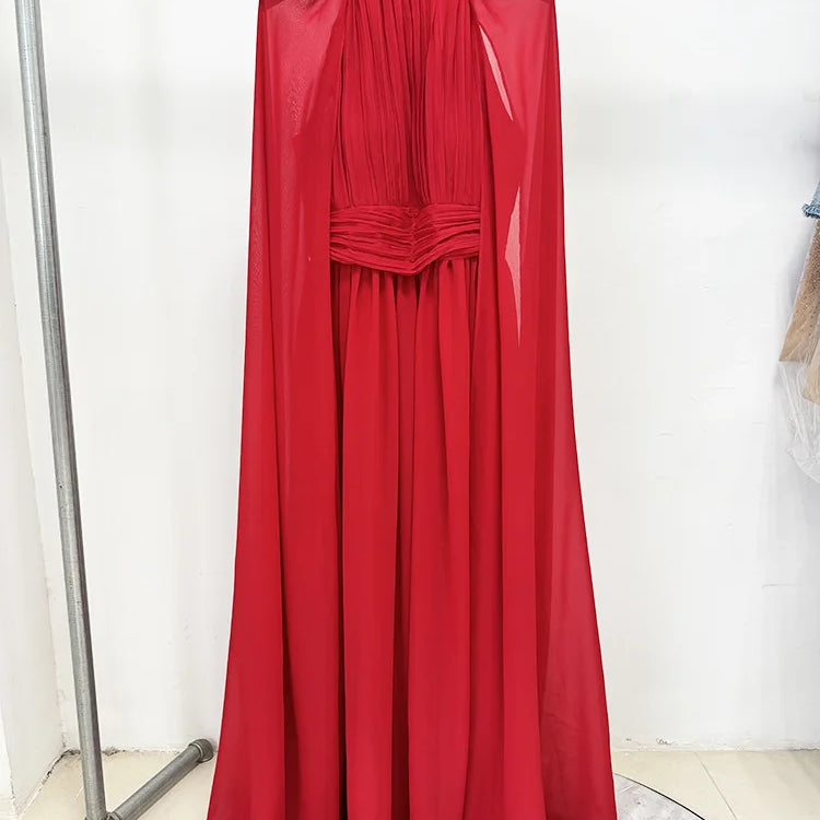 2025 New Arrival Red Color Women Fashion Cloak Sleeve Slim Floor-length Dress Elegant Eveening Party Celebrate Prom Outfit