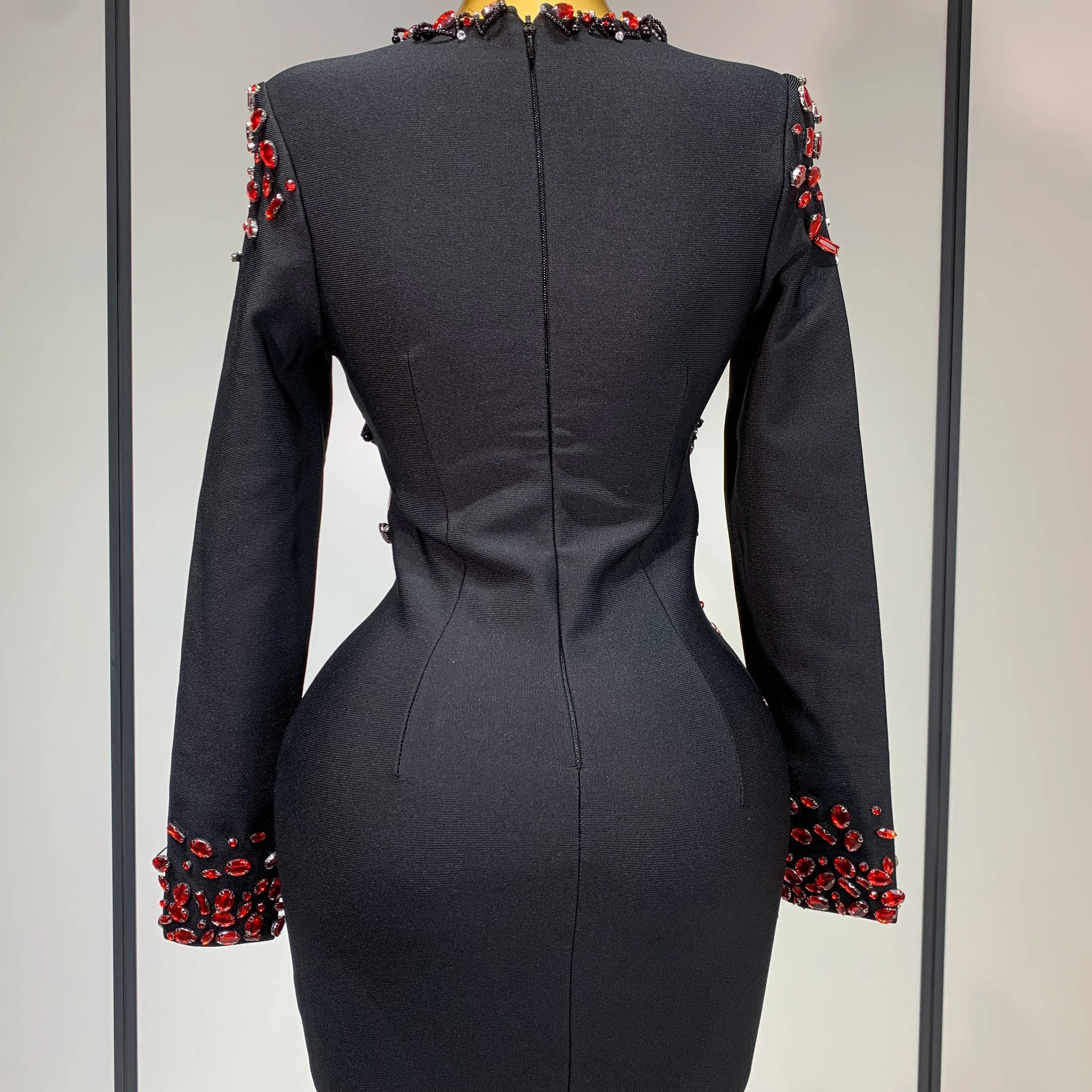 Luxury Birthday Women Celebrity Sexy Long Sleeve V Neck Rhinestone Black Bandage Dress 2025 Elegant Evening Club Party Dresses