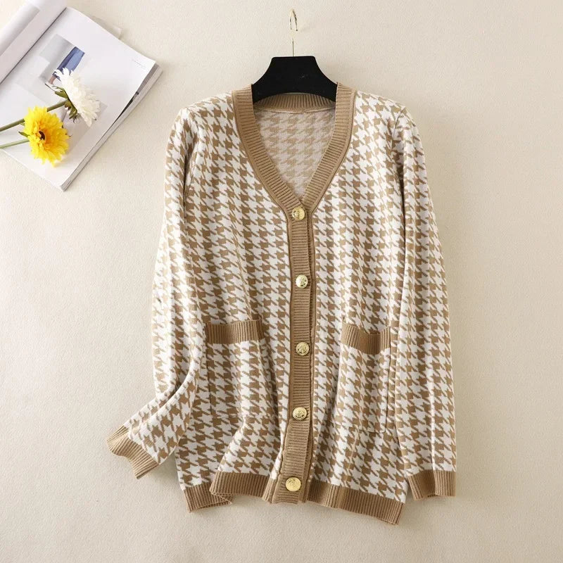 Houndstooth Cardigans Long Sleeve Sweater Women Autumn Winter Clothes Open Stitch Female Outwear Streetwear Knitted Cardigan khaki One Size