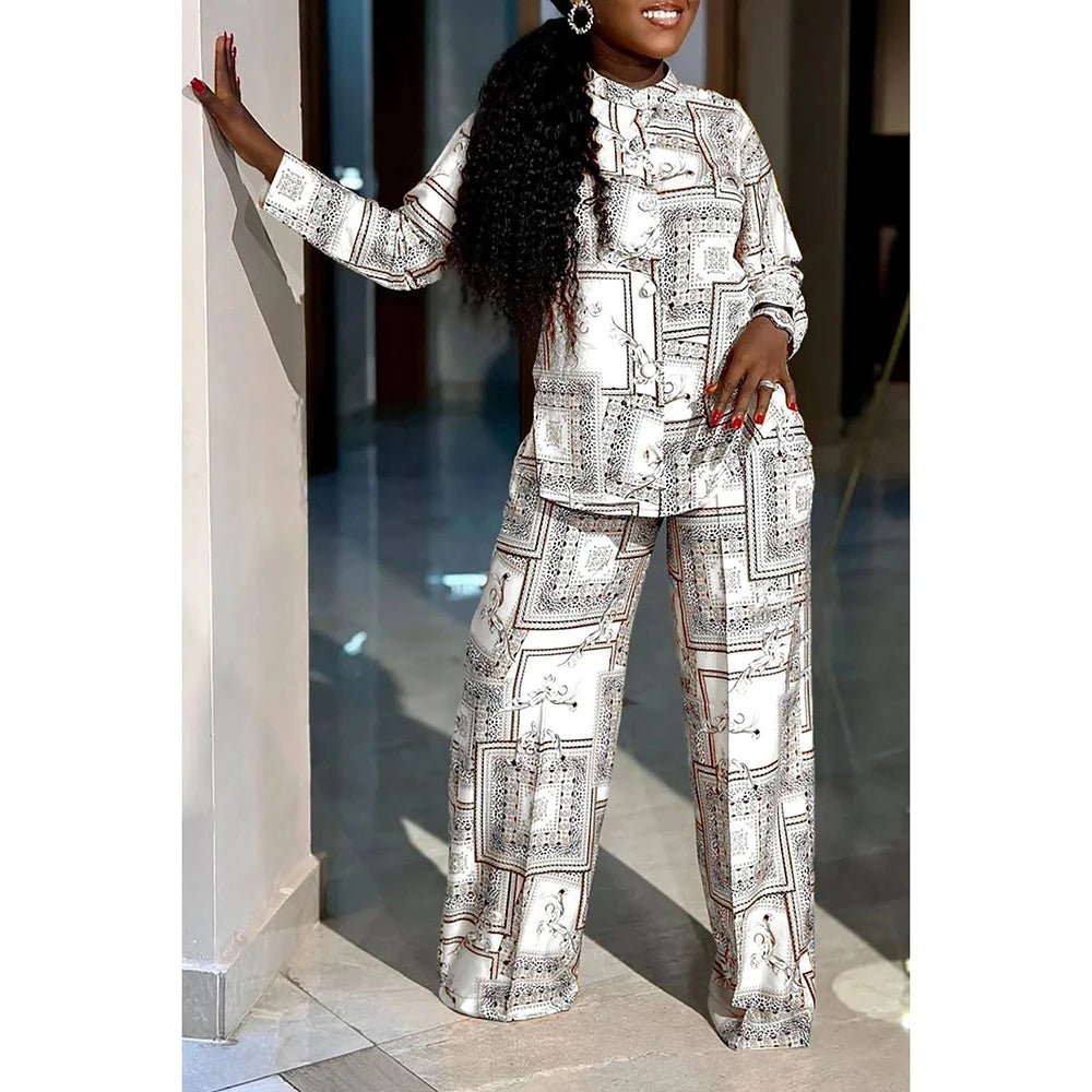 Plus Size Casual Pants Suit White Graphic Print Button Design Top Wide Leg Long Sleeve Two Piece Straight Pants Suit