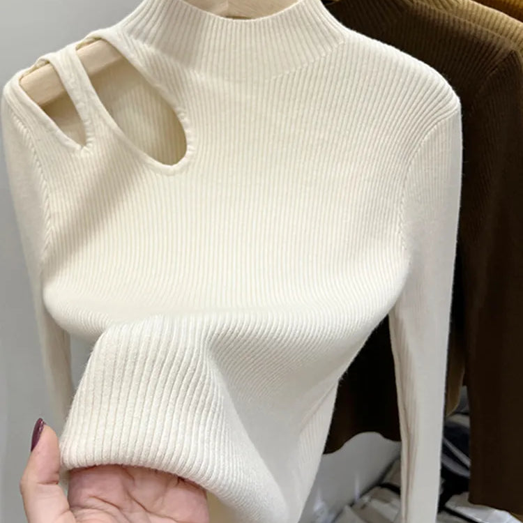 Turtleneck Knitted Women Sweater Ribbed Pullovers Autumn Winter Basic Women Sweaters Fit Soft Warm Tops