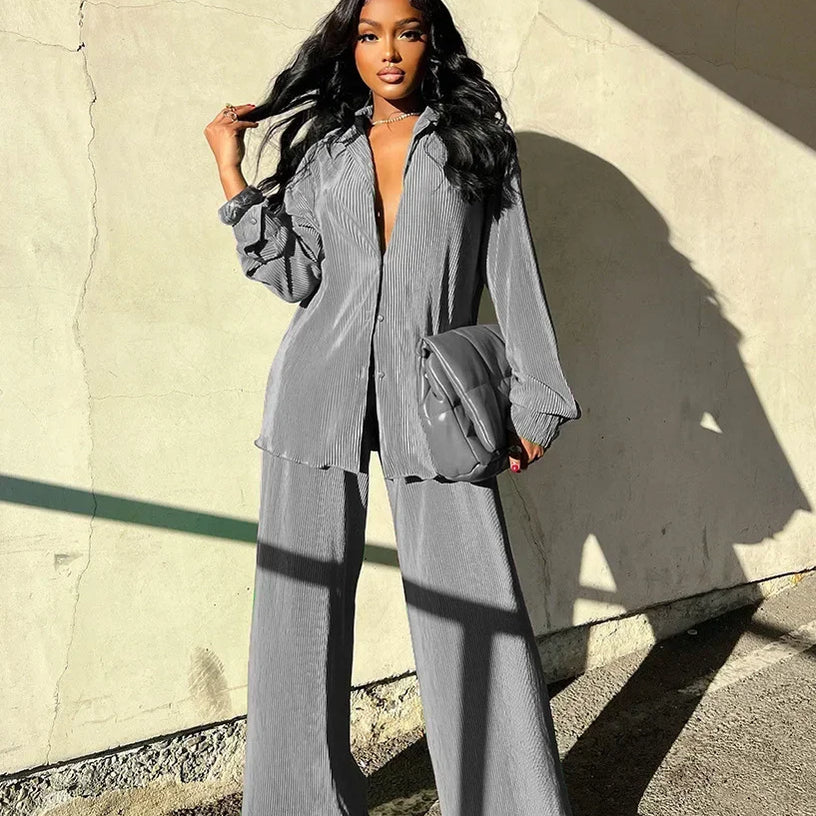 CM.YAYA Street Women's Set Long Sleeve Shirt Tops and Wide Leg Pants Elegant Tracksuit Two Piece Set Sweatsuit Fitness Outfits