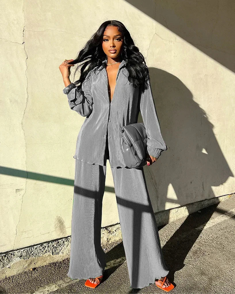 CM.YAYA Street Women's Set Long Sleeve Shirt Tops and Wide Leg Pants Elegant Tracksuit Two Piece Set Sweatsuit Fitness Outfits