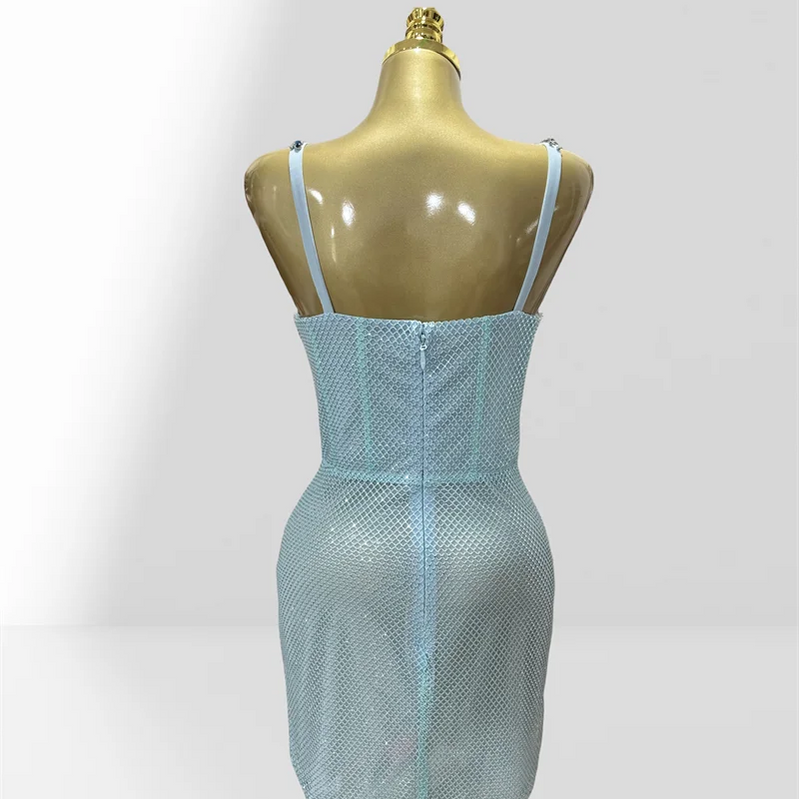 2025 Luxury Feathers Blue Diamonds Sexy See Through Spaghetti Mini Dress Woman Birthday Party Vestido Club Party Outfit