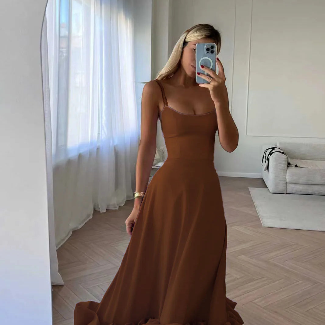 Bridal Luxury Evening Dresse Slim Fit Slash Neck A-LINE Sleeveless Ankle-Length Solid Chiffon Dress Women