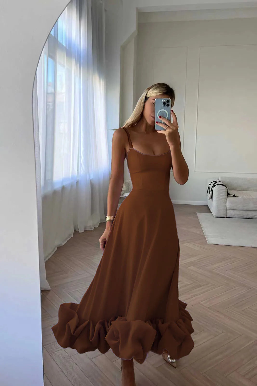 Bridal Luxury Evening Dresse Slim Fit Slash Neck A-LINE Sleeveless Ankle-Length Solid Chiffon Dress Women