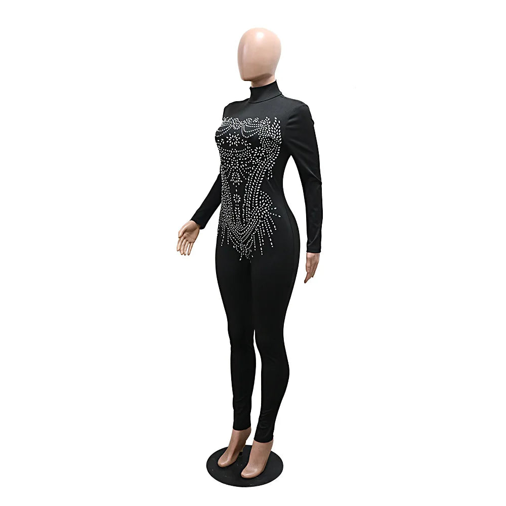 CM.YAYA Full Sleeve Women Turtleneck Jumpsuits Diamonds Hot Rhinestones Rompers One Piece Sexy Pencil Night Club Party Outfits