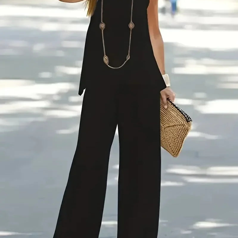 1XL-8XL Plus Size Women's Casual Outfits Two Piece Set Solid Round Neck Tank Top  Wide Leg Pants Outfits 2 Piece Set