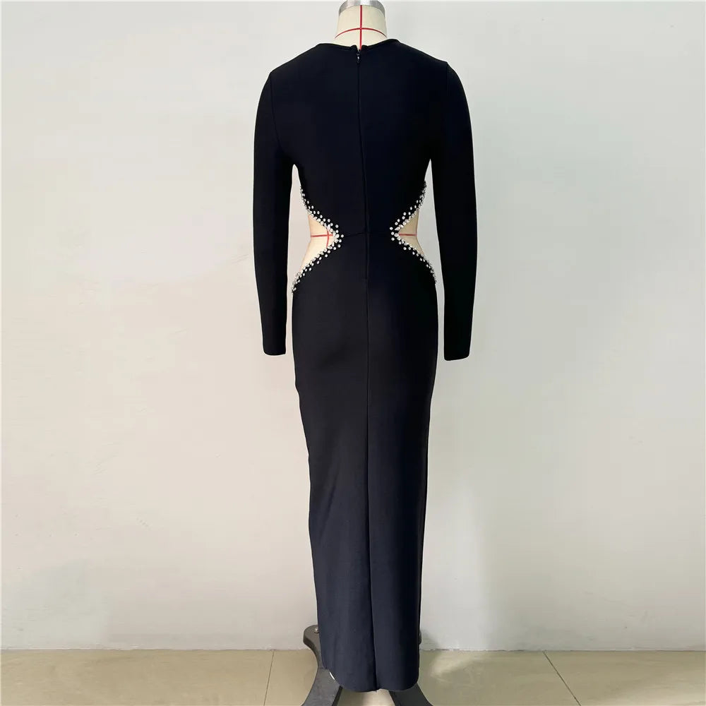 Elegant Evening Party Dress Black Color Women Long Sleeve Shinning Rhinestones Bodycon Long Bandage Dress Cocktail Party Outfit
