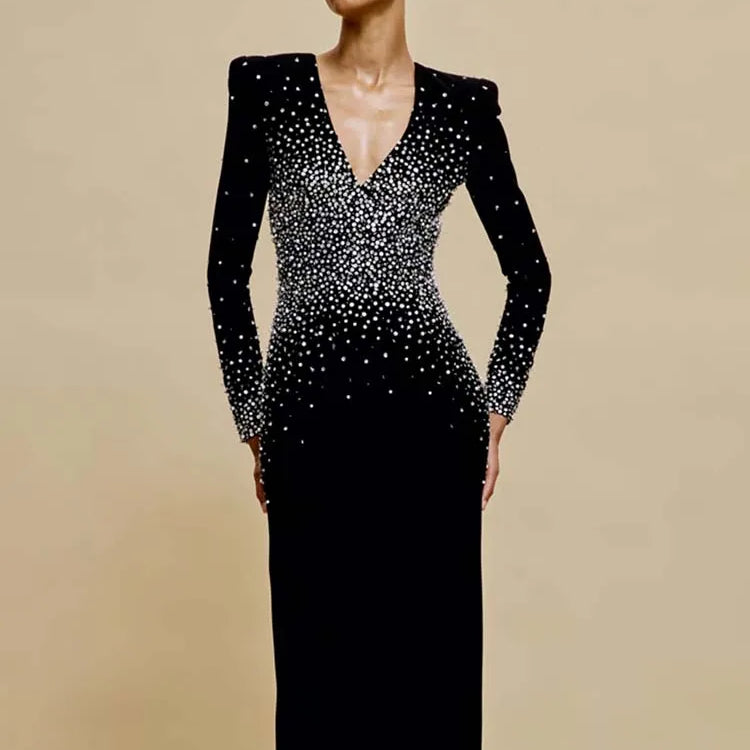VC Black Long Sleeves Pearls Embellished Long Dress For Women V Neck Beaded Celebrity Party Evening Gowns Vestidos