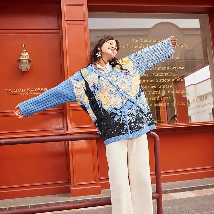 Van Gogh's collaboration "Starry Night Flower Sea" Spring and Autumn Women's New Oil Painting Diagonal Button Sweater Coat