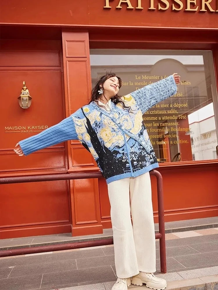 Van Gogh's collaboration "Starry Night Flower Sea" Spring and Autumn Women's New Oil Painting Diagonal Button Sweater Coat