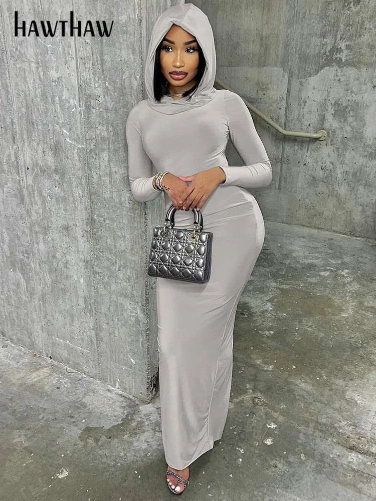 Women 2024 Autumn Winter Fashion Long Sleeve Streetwear Hooded Bodycon Long Dress Wholesale Items For Business