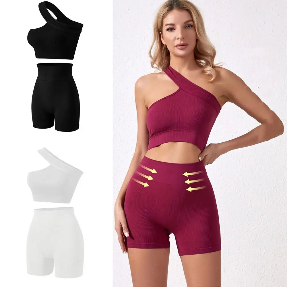 2Pcs Seamless Women Workout Sets Casual High Waist One Shoulder Yoga Outfits Tank Tops Ribbed Sports Bra Gym